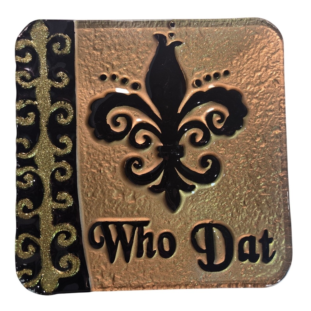 Fleur de Lis Who Dat New Orleans Saints Decorative 8x8 Plate Gold Black‎ Glitter